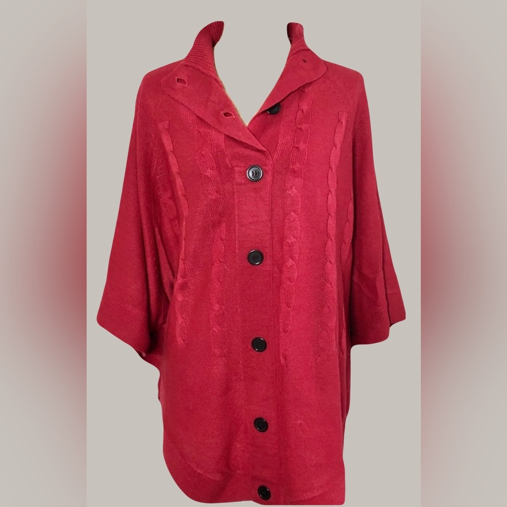 New Red Poncho Cape Cable Knit Sweater OSFM